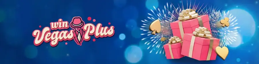 Logo Win Vegas Plus avec des cadeaux sur fond bleu
